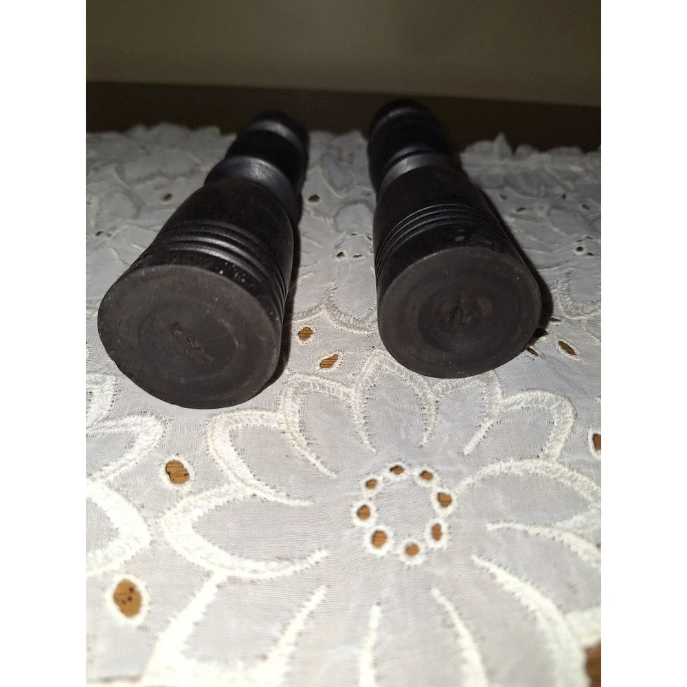 Vintage Turned Wood Candlestick Holders Pair Ebony Black Spindle Taper Set